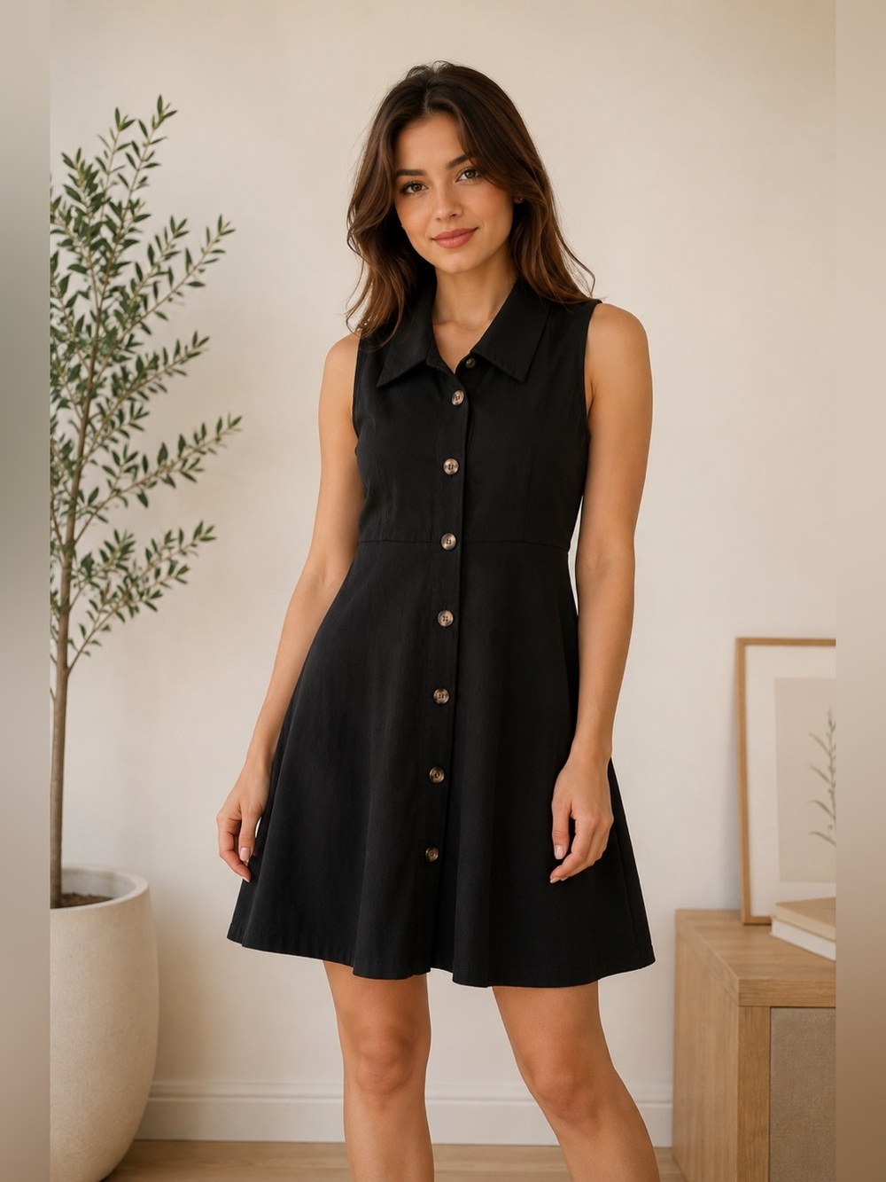 RIHOAS Black Sleeveless Collared Button Front Fit & Flare dress S